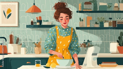 Illustration of a woman cooking in a cozy kitchen with AI voice assistant guidance, blending modern technology and everyday life in warm pastel tones