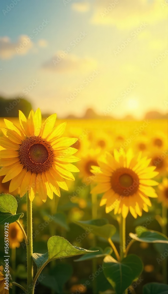 Fototapeta premium A vibrant yellow field of sunflowers basking in the warm sunlight, symbolizing optimism and a bright future Perfect for themes of positivity, growth, and new beginnings , plant, yellow, flower