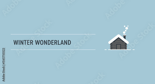 WINTER WONDERLAND. Minimalist vector illustration of a cozy log cabin in the snow. Small house with smoke from chimney on a blue background.