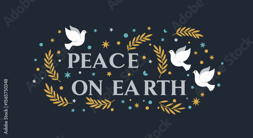 Peace on Earth vector illustration with doves, olive branches, and stars on a dark background.