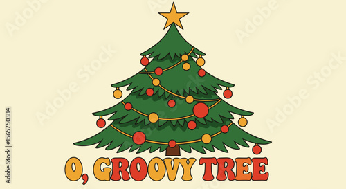 O, Groovy Tree. Retro 70s style Christmas tree illustration. Holiday greeting card design with vintage typography.