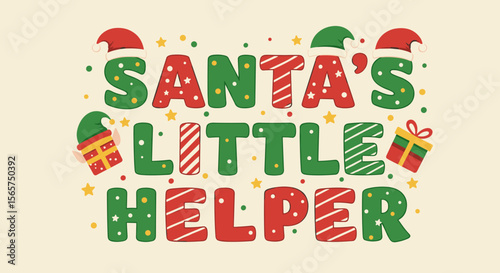 Santa's Little Helper. Christmas quote typography design. Festive holiday lettering with hats and gifts for greeting card or print.
