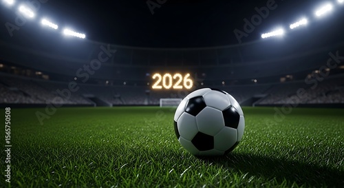 Soccer ball in a stadium with the year 2026. 