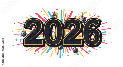 2026 New Year Celebration with Disco Balls. Retro Party Vector Illustration for 2026.