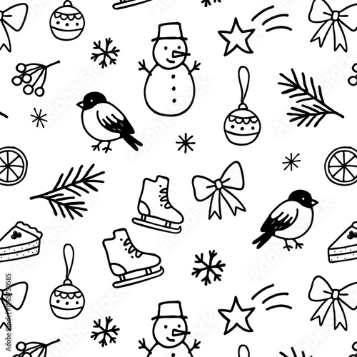 Vector seamless pattern with snowman, bird, skates, bows, stars, pie, branches, Christmas balls in minimalistic hand-drawn black line style on white background, perfect for winter wrapping, fabric.