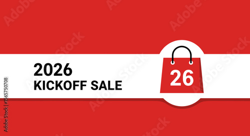 2026 Kickoff Sale banner with shopping bag icon. New year promotion and discount advertisement vector illustration.
