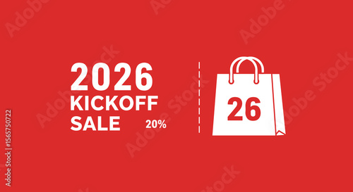 2026 Kickoff Sale 20 percent off. Promotional banner for a new year sales event. Shopping discount advertisement with a bag icon on a red background.