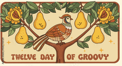 Twelve Day of Groovy partridge in a pear tree illustration. Retro 70s style Christmas greeting card with a vintage bird and fruit.