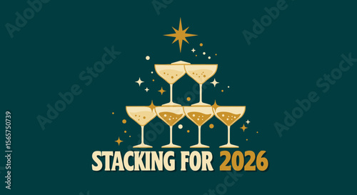 Stacking for 2026. Festive champagne tower pyramid illustration for New Year celebration and future goals. Christmas tree made of sparkling wine glasses.