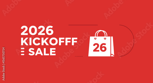 2026 KICKOFFF SALE. Promotional banner for a new year sales event. Shopping bag icon on a red background.