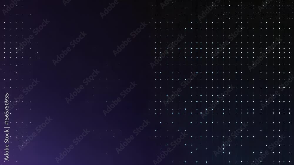Abstract digital grid pattern with dynamic animated dots over dark blue and purple background creates tech futuristic atmosphere