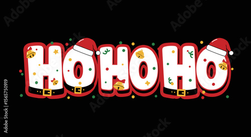 HO HO HO. Festive Christmas typography with Santa Claus elements. Holiday greeting illustration on a black background.