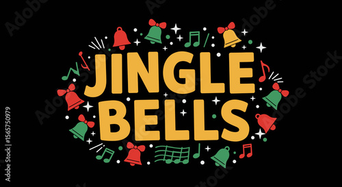 Jingle Bells. Christmas holiday song title with festive bells and music notes illustration. Winter celebration vector design.