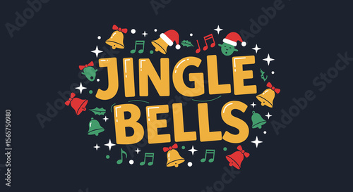 Jingle Bells. Christmas holiday song title with festive cartoon illustrations of bells, santa hats, and music notes.