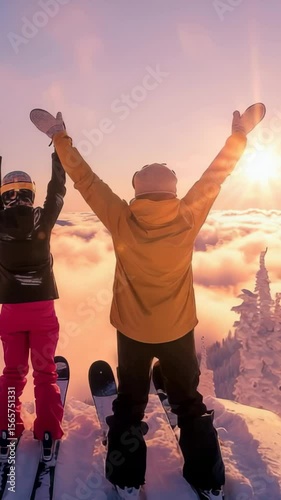 Three skiers, clad in winter attire, stand on a snow-covered mountain peak with their arms raised in victory. A beautiful sunset adds a warm glow to the picturesque scene.