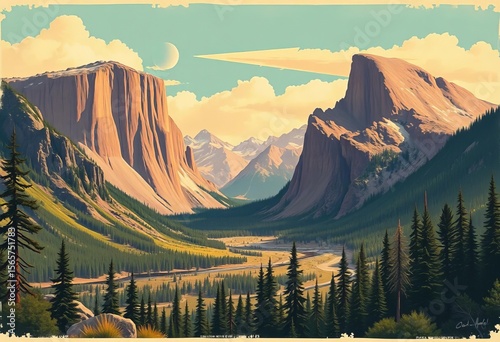 Vibrant vintage travel posters featuring national park landscapes, mountains, and nature scenes ideal for home decor,   hiking,  home