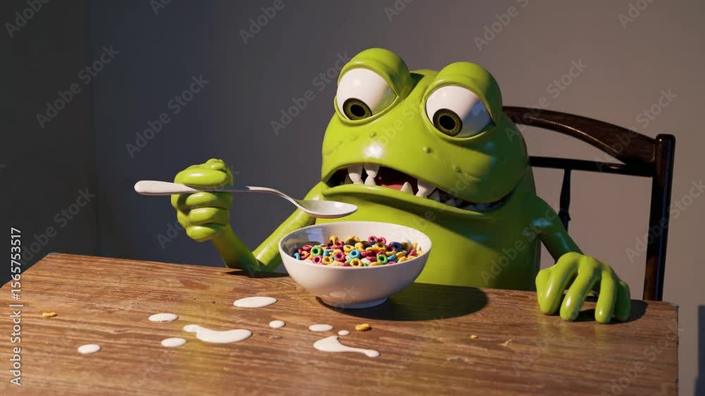 Grenouille cartoon mangeant des céréales au petit déjeuner
