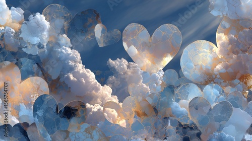 Layered transparency artwork with clouds and glowing heart shapes, blending soft light, dreamy atmosphere, and retro-inspired romantic textures.