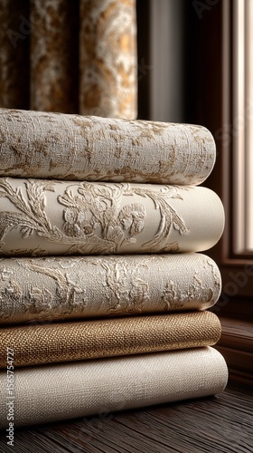 Elegant layered fabric textures in refined beige and off-white tones, showcasing luxurious restraint with intricate tone-on-tone embroidery and woven details