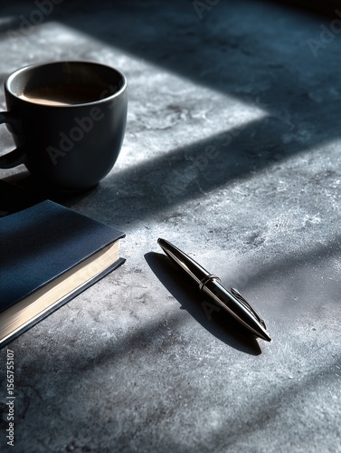Matte surface workspace with coffee cup, notebook, and pen resting in soft natural shadows, evoking calm focus and minimal productivity