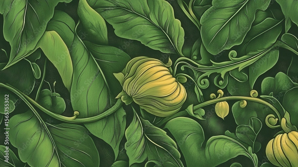 custom made wallpaper toronto digitalDetailed illustration of leaves and blossoms in a lush, dark green floral pattern.