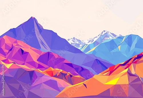 Vibrant low-poly mountain range, bold colors, modern art style, ideal wall art,  colorful mountains,  high resolution