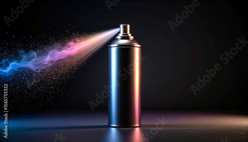 Aerosol Spraying Vapor: Aerosol spray can emitting a colorful mist in shades of pink and blue, set against dark backdrop, evoking artistry and creativity.