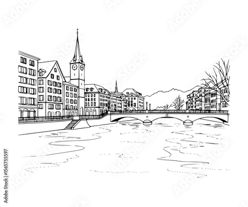 Line Art of Limmatquai, Zurich