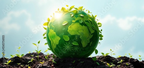 Vibrant green Earth with flourishing plants, sun shining, clean energy symbols,  pollution,  sustainability