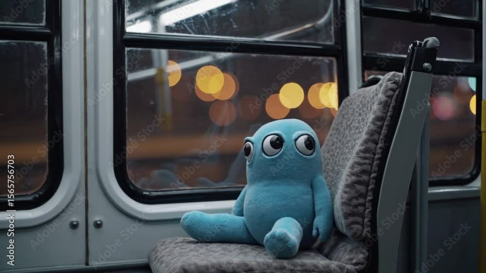 Peluche bleue mélancolique seule sur un siège de bus