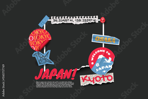 Japan travel frame collage photos with scrapbook torn paper style.