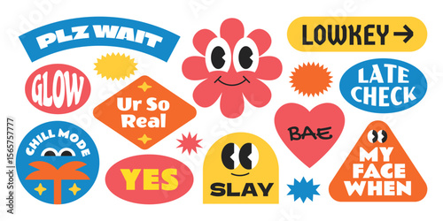 Colorful trendy and groovy stickers collection. Gen z and millenials slang words and quote y2k style.