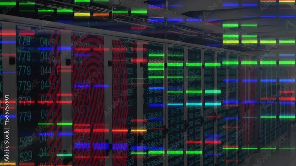 Server racks waiting idle until data bars starting scrolling and pulsing simulating transfer flow