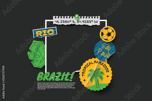 Brazil travel frame collage photos with scrapbook torn paper style.