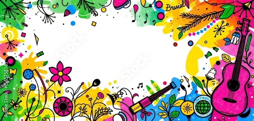 Vibrant, abstract Brazilian Carnival card design with colorful doodles and musical elements,  samba,  energy