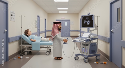 Compassionate doctor uses ultrasound on a patient in a hospital hallway, showcasing modern healthcare technology and personalized care.