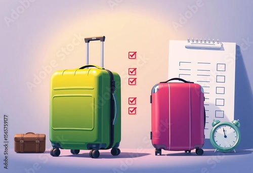 Two suitcases stand near a checklist and timer; flat vector illustration of travel packing preparation,  website,  deadline