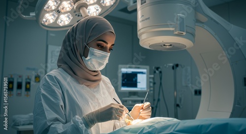 Focused surgeon in hijab performs delicate surgery under bright operating room lights.