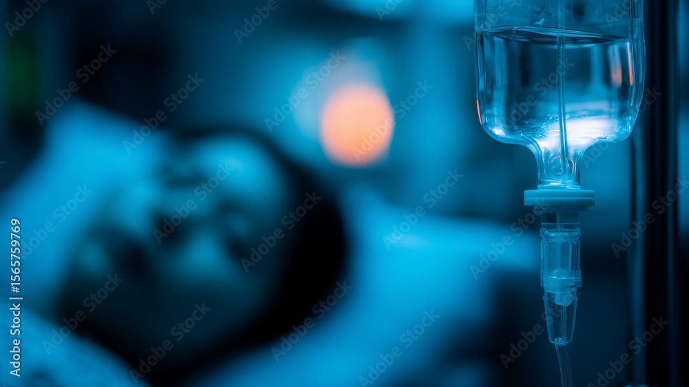 Fototapeta premium Focused Intravenous Drip in Dimly Lit Hospital Ward Emphasizing Critical Patient Care and Medical Vigilance 