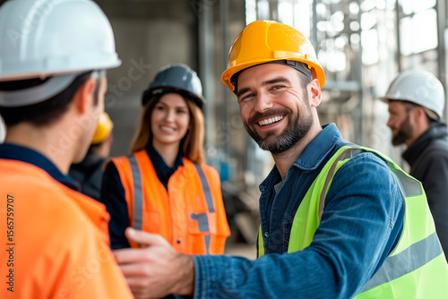 An industrial work team at work, chatting and smiling, a manager dressed in a hard hat welcoming a worker.