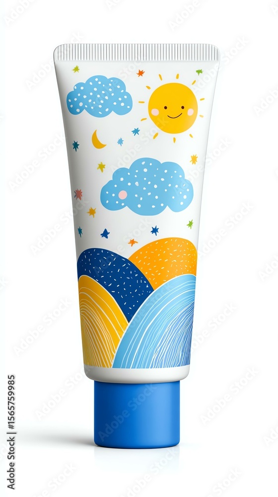 child-friendly SPF Colorful and playful tube of cream featuring whimsical sun and cloud design, perfect for a cheerful skincare routine. child-friendly SPF Colorful and playful tube of cream featuring whimsical sun and cloud design, perfect for a cheerful skincare routine.