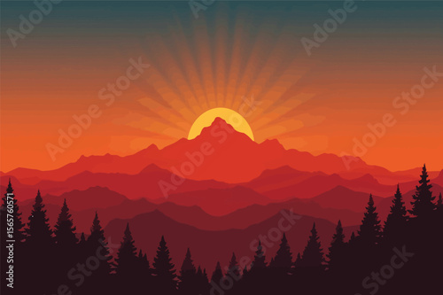 Majestic sunrise in mountains scenic landscape illustration
