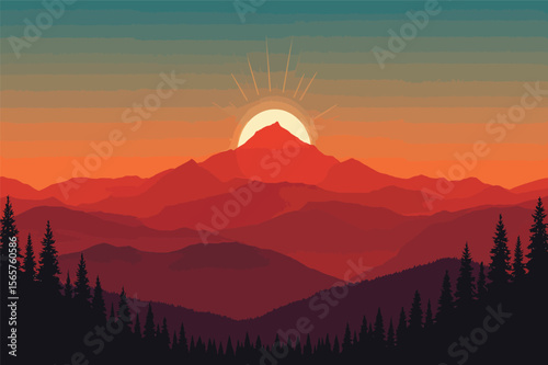 Majestic sunrise over red mountains scenic landscape