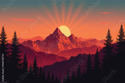 Majestic sunrise in mountains scenic landscape illustration