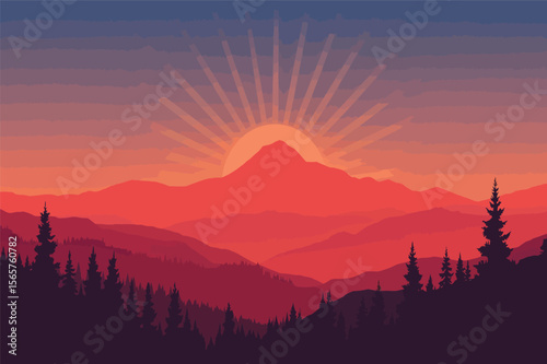 Majestic sunrise in mountains scenic landscape illustration