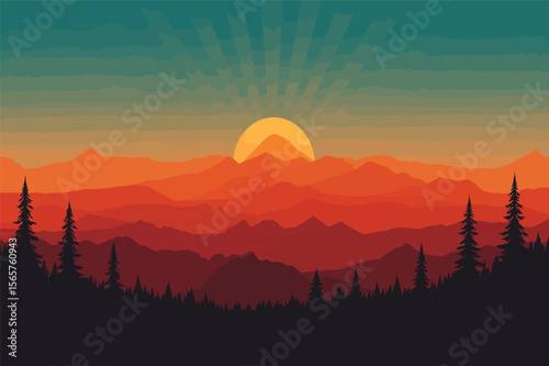Majestic sunrise in mountains scenic landscape illustration