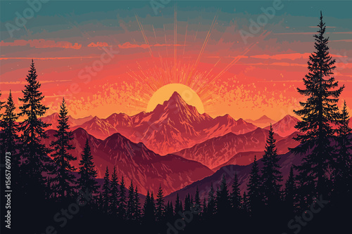 Majestic sunrise in mountains scenic landscape illustration