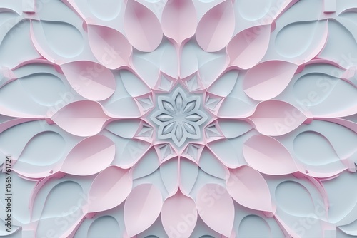 Intricate paper art design with layered shapes in soft pink and light gray tones highlighting floral motif and symmetrical patterns. 3d arabic mandala background concept.