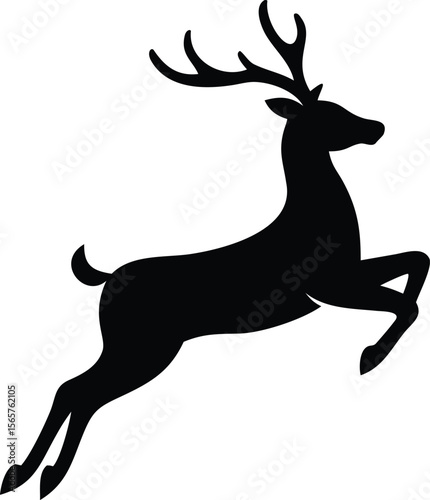 A striking black vector showcases a jumping deer with impressive antlers, ideal for wildlife and nature-themed designs, representing grace and agility, silhouette