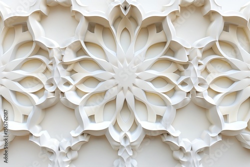 Intricate White 3D Arabic Geometric Pattern with Floral Motif on Light Background for Modern Decor and texture Design.